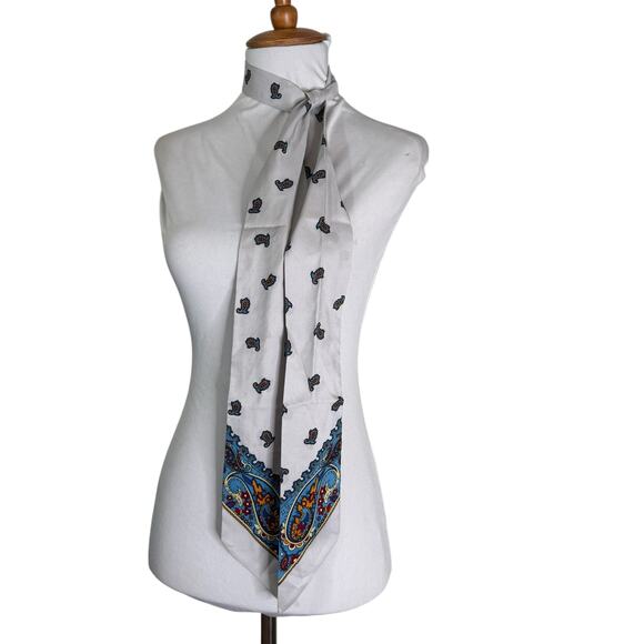 Vintage 1980s Paisley Silk Scarf Gray Blue Red Boho Necktie Head Wrap - Picture 2 of 6